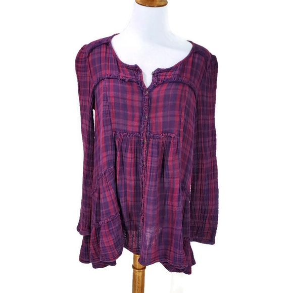 Free People Whistle While You Work Gauzy Purple Plaid Tiered Button Up Tunic Top - Picture 4 of 15